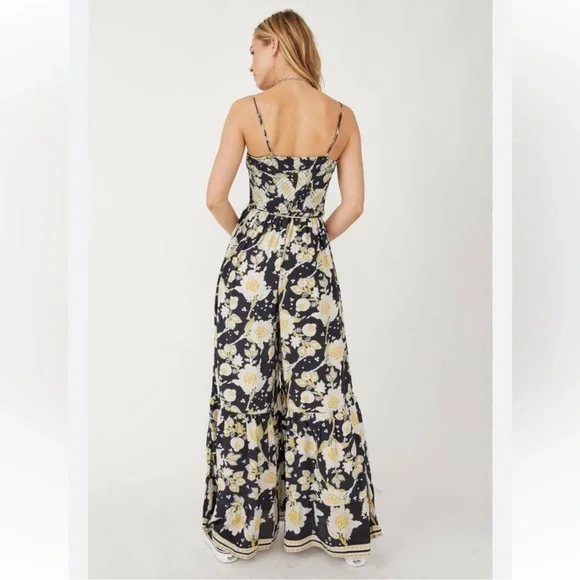 Free People Black Yellow Little of your Love Smocked Floral Jumpsuit size small - Picture 2 of 14
